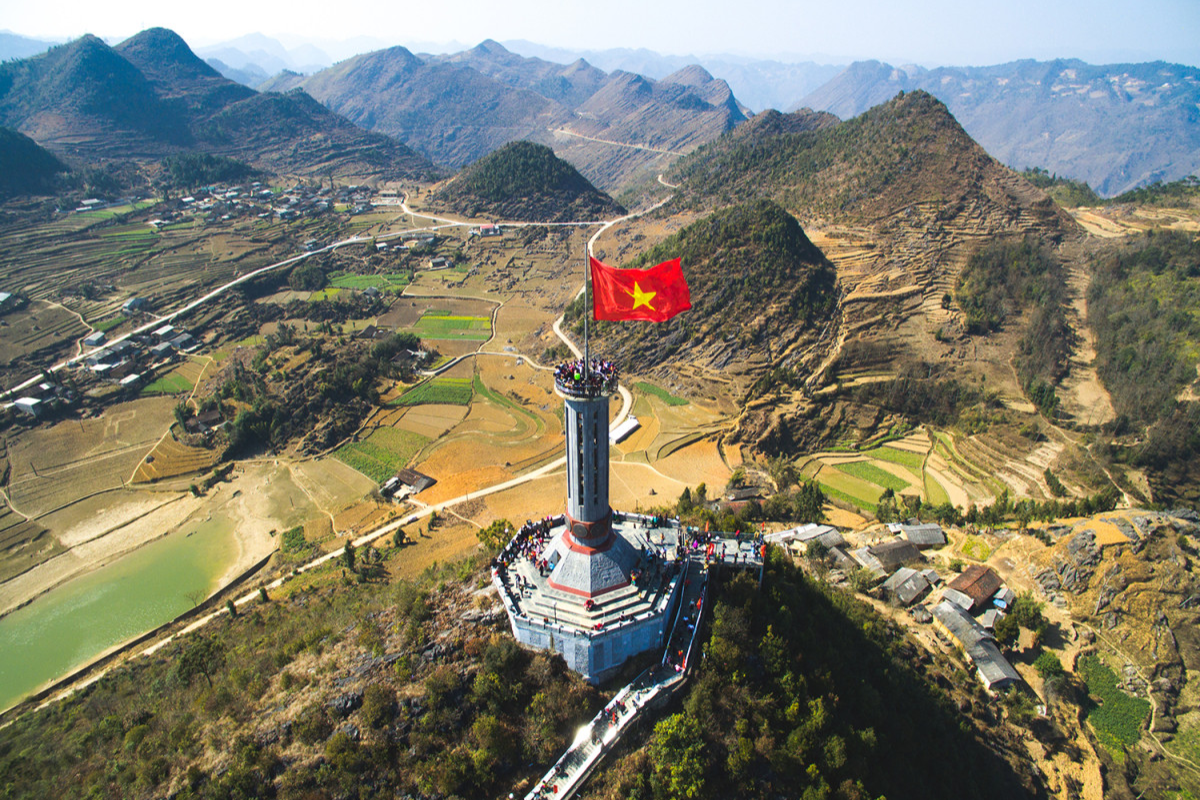 Lung Cu Flag Tower standing tall on Dragon Mountain in Ha Giang, Vietnam